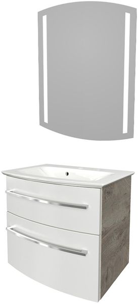 FACKELMANN B.STYLE Waschtisch Set mit Spiegel 63 cm breit, Weiß/Braun, Waschbecken Gussmarmor Weiß