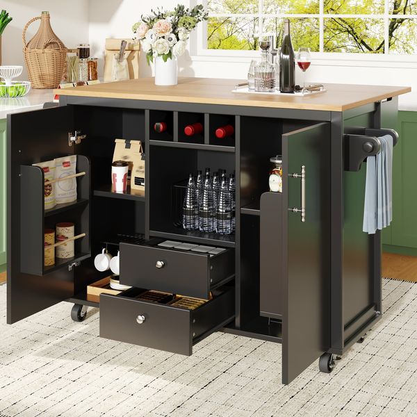 Merax Kücheninsel, Buffetschrank, Küchenschrank, Küchenwagen und klappbarer Arbeitsplatte mit Handtuchhalter Gewürzregal Türregal Weinregal und verstellbaren Einlegeböden, schwarz