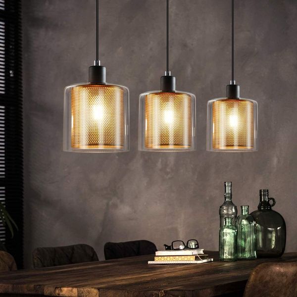 ZMH Pendelleuchte aus Metall in Schwarzgold, E14, Durchm. 171,5 cm, Vintage-Industrieglas, 3 Lampen, für Wohnzimmer, Büro, Esszimmer