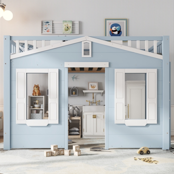 Hochbett, Kinderbett Platz unter dem Bett für flexible Gestaltung schöne Fenstergestaltung sichere stabile Leiter, Kiefer+MDF+Sperrholz, Blau, 90x200cm