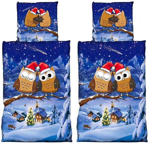 Visaggio Bettwäsche Winter Fleece Bettbezug flauschig warm, Fleece, 4 teilig, Thermofleece kuschelig weich, Eulenpaar