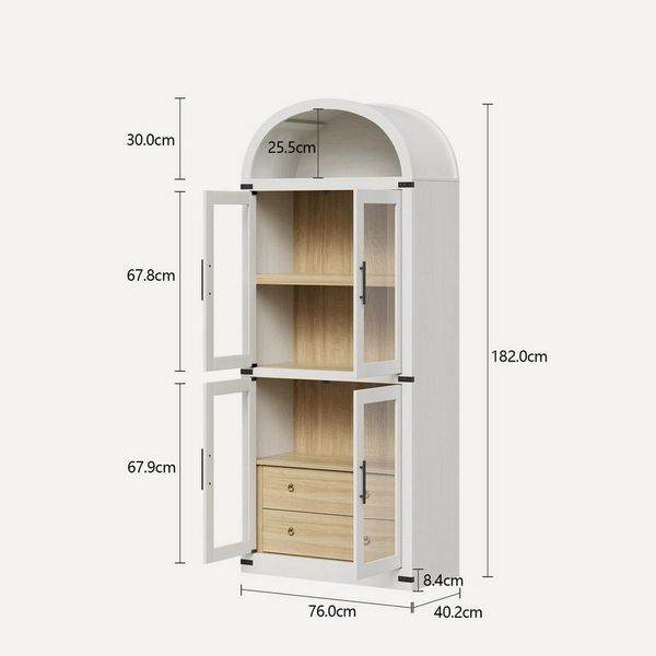 GarveeMore Bücherregal Gewölbtes Bücherregal mit Türen und Schubladen, Vitrine aus Holz