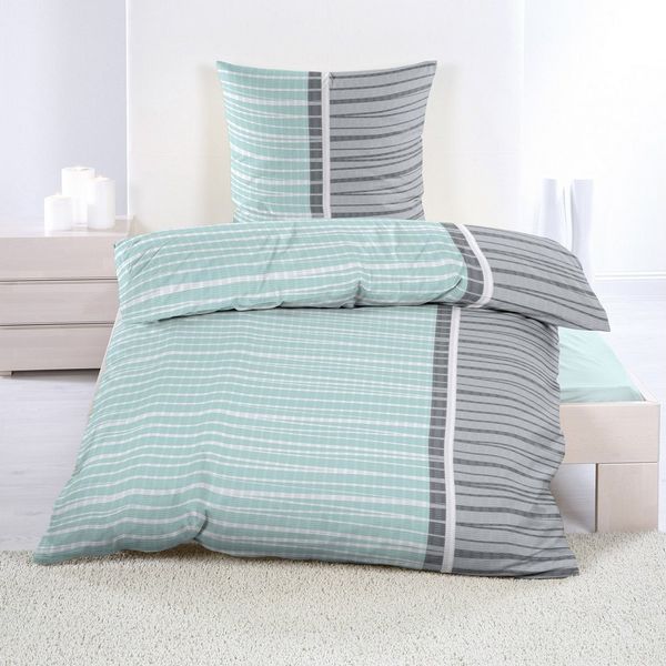 Casa Colori Bettwäsche Seersucker Garnitur 135x200 Reißverschluss in Grau Mint gestreift, Seersucker, 4 teilig, luftig leichte Sommerbettwäsche