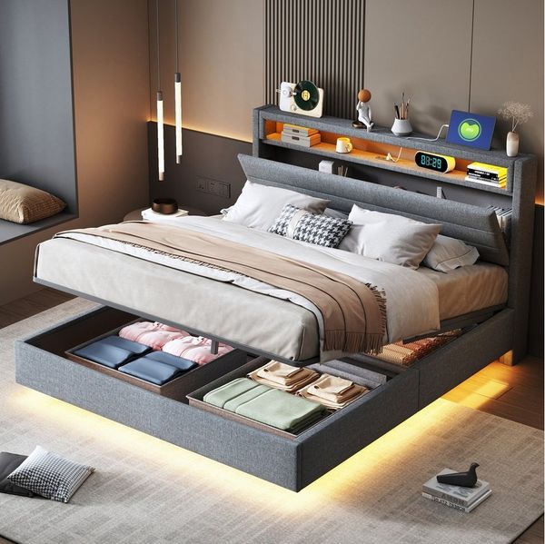 Merax Polsterbett mit hydraulischem Stauraum, Wendekopfteil und Ablagefach (1-tlg), Doppelbett 140x200cm mit LED & USB, Leinenbezug & schwebendem Design
