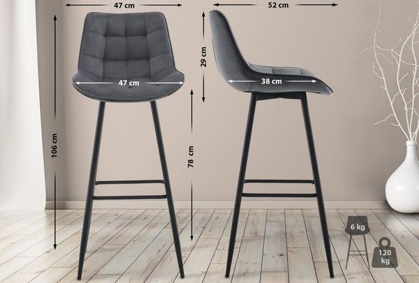 TPFLiving Barhocker 2er Set (Barstuhl - Hocker für Küche - stabiles), Thekenstuhl mit bequemer Sitzfläche: Samt dunkelgrau
