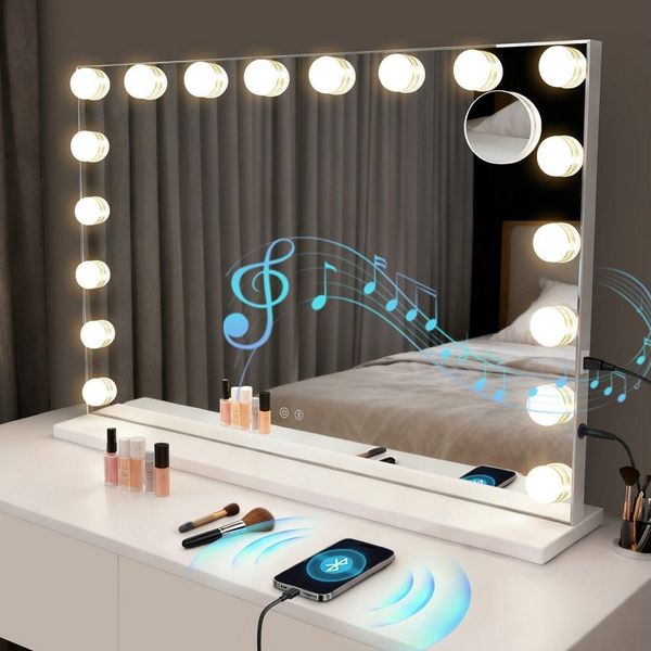 ZMH Schminkspiegel mit Beleuchtung, Hollywood Kosmetikspiegel 80x60 cm, 18 LEDs, 3 Lichtfarben dimmbar, Bluetooth, USB