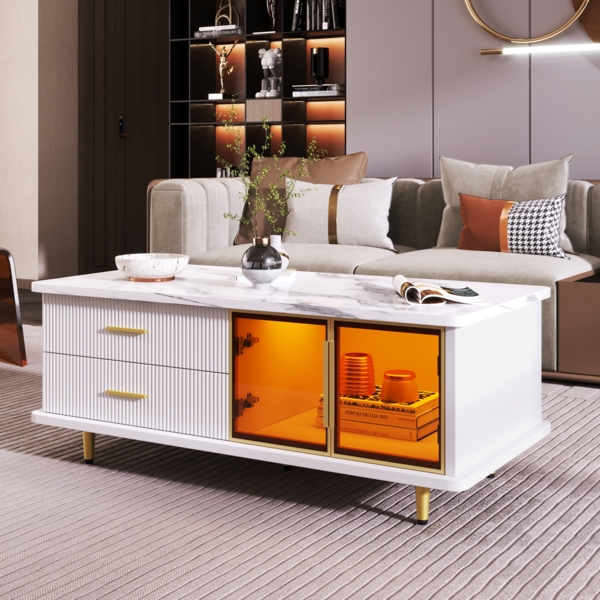 Couchtisch mit Glasfront, Marmoroptik & LED-Beleuchtung in Weiß/Gold - 100 x 50 x 40 cm Bild 4