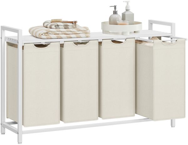 Vasagle Wäschekorb mit 4 Fächern, 4x40 L, Metallrahmen Weiß, 72 x 33 x 116 cm