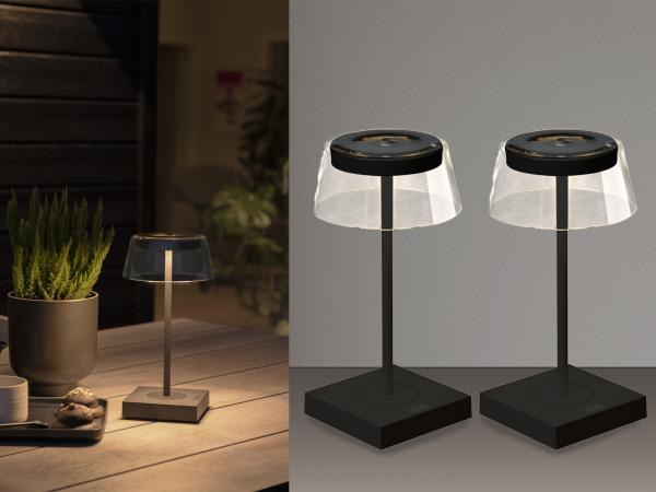 2er Set Wiederaufladbare LED Outdoor Tischleuchten dimmbar in Schwarz, Höhe 27cm