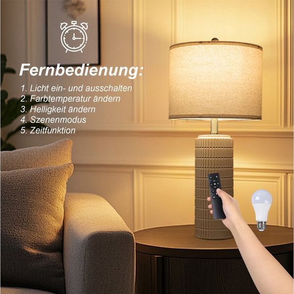 Jibenhome Schreibtischlampe Dimmable Leinenlampenschirm Keramiktischlampe mit Fernbedienung, 2er Set Nachtlicht für Schlafzimmer, Wohnzimmer, Büros