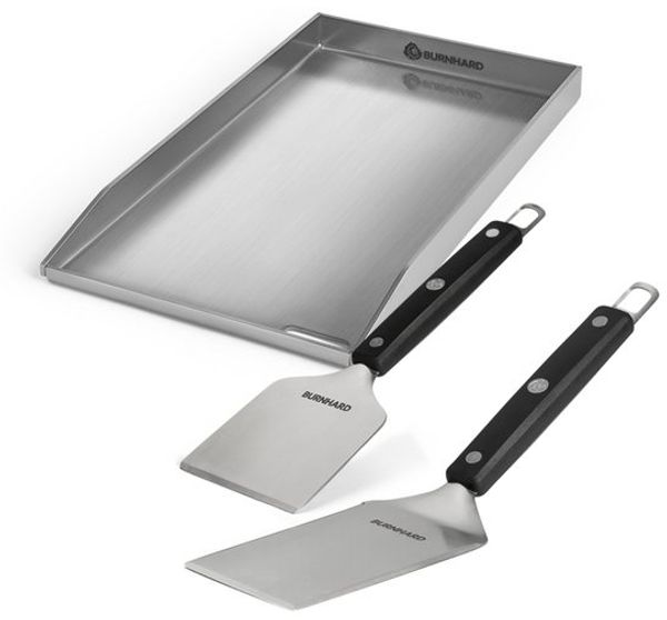 BURNHARD® Edelstahl Plancha Set Fred 41,5 x 23,5 cm mit 2-tlg. Grillspachtel und Grillschaber Set - Multi-Color - #946146