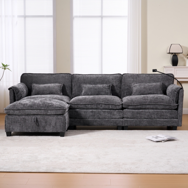 Modulares Sofa mit Memory-Foam, Chenille-Bezug, USB-Port, Seitentasche, Handyhalterung und Aufbewahrungs-Hocker,Grau
