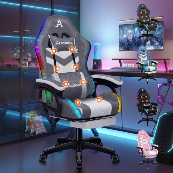 Racing Gaming Stuhl Massage Gamer mit 12 LED RGB Beleuchtung Lordosenstütze Grau