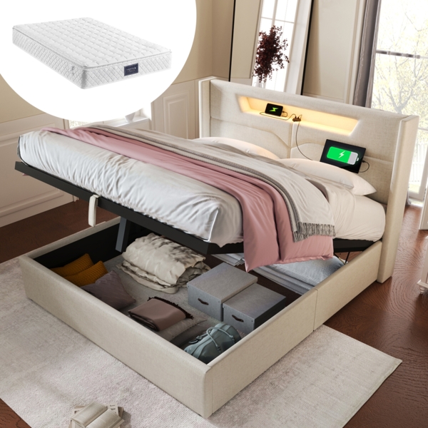 Doppelbett 160x200 cm mit LED, USB-C, Stauraum in Beige(Mit Matratze)