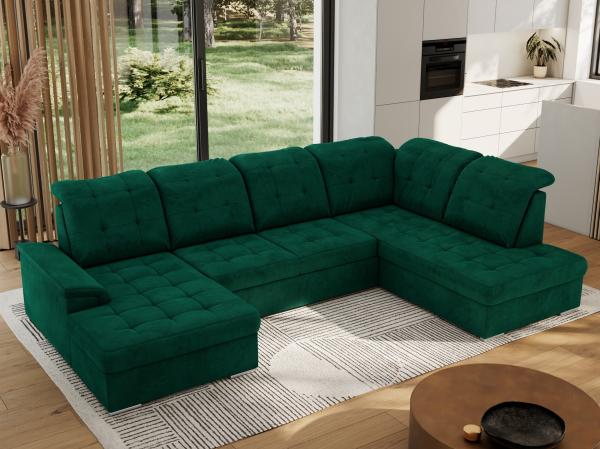 Ecksofa, Wohnzimmer U Couch, Polstersofa mit Bettkasten - MADRITO U - DunkelGrün Velorus - Rechts