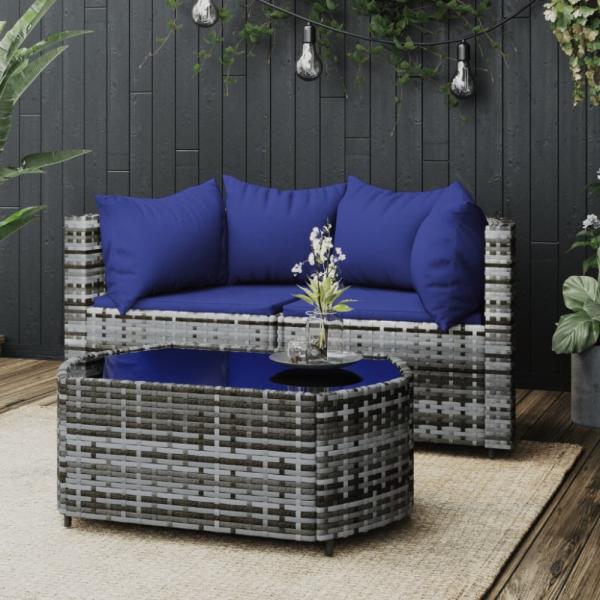 vidaXL 3-tlg. Garten-Lounge-Set mit Kissen Grau Poly Rattan 319855