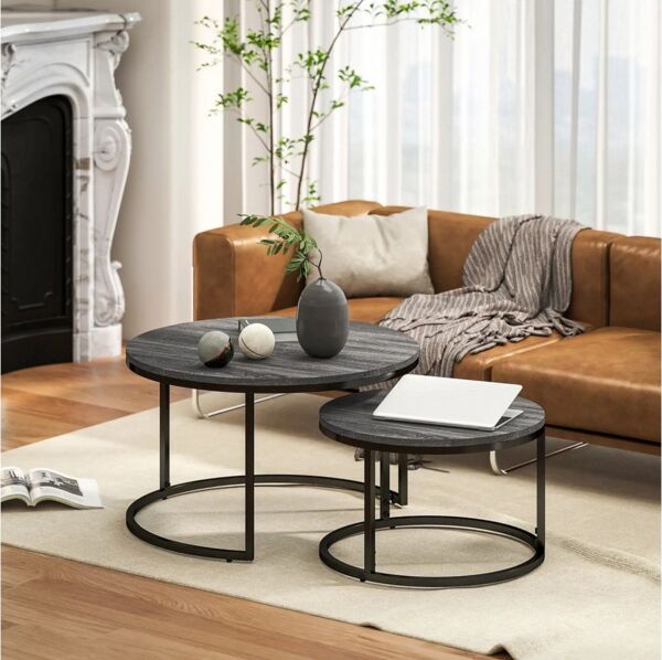 BlingBin Couchtisch rund 2er Set Wohnzimmertisch Beistelltisch mit Metallrahmen (2er set, 2-St, 78,5 x 78,5 x 46,5 cm), Satztisch mit Marmoroptik Kaffeetisch für Wohnzimmer, Schlafzimmer