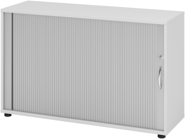 bümö Aktenschrank abschließbar mit Rollladen, Rollladenschrank für Ordner & Co. - Büroschrank mit Rollo, abschließbarer Ordnerschrank aus Holz in Grau/Silber mit Bogengriff, 1732S-5-S-BM