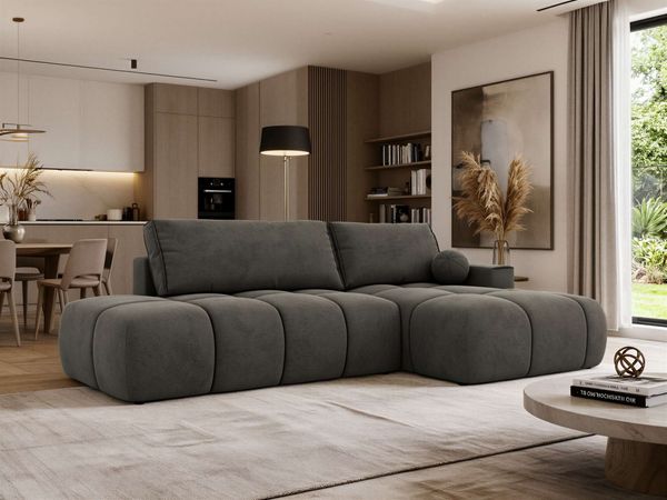 Ecksofa LORAN L mit Schlaffunktion und Bettkasten, Freistehendes Ecksofa mit Wellenfederung, DL-System, Große Liegefläche - Dunkelgrau Velvet