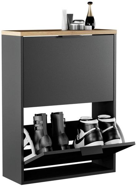 Planetmöbel Schuhschrank schmal mit 2 Klappen platzsparender Schuhregal mit 4 Ablagen, Schuhkommode für Diele, Flur, Garderobe 60 x 23 x 80,5 cm, schwarz