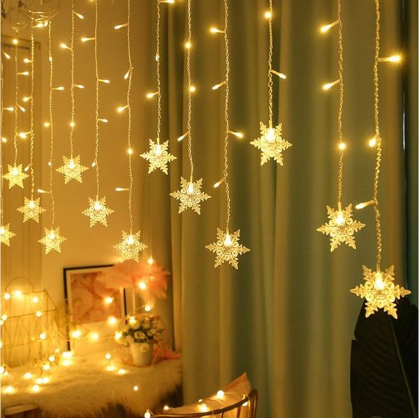 Qualra Lichtervorhang 96LEDs Schneeflocke Lichtervorhang Weihnachtsbeleuchtung Fensterdeko, 8 Modi Innen Weihnachten Fenster Lichterkette
