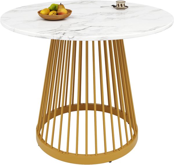 Esstisch 80x80x76 cm, Gold/Weiß, MDF Tischplatte marmoriert mit Metallbeinen, modernes multifunktionales Design Bild 6