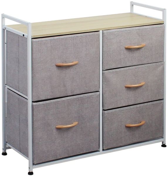 BAKAJI Kommode aus Stoff mit 5 Schubladen, Gestell aus Metall und Oberseite aus MDF, vielseitig und geräumig, ideal für Eingang, Schlafzimmer, Wohnzimmer, 77,5 x 83 x 29 cm (Grau)
