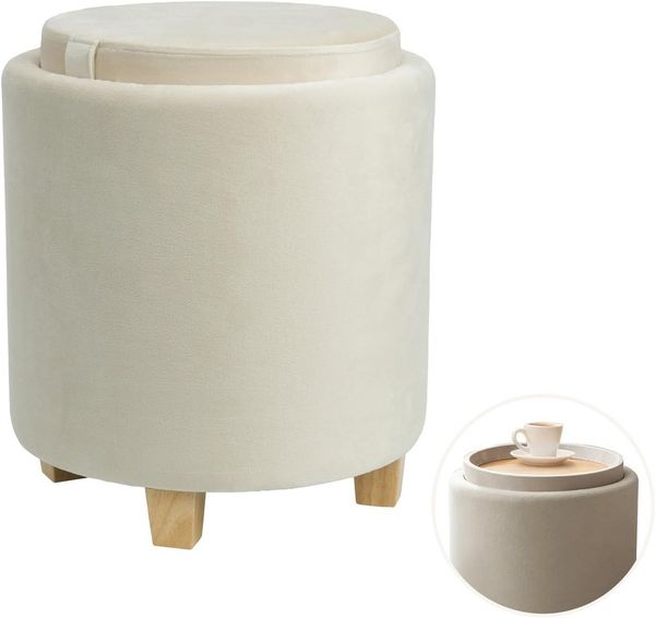 Zedelmaier Sitzhocker mit Stauraum rund Beige, Couchtisch, Sitzhocker mit Deckel, Fußhocker mit Aufbewahrungsbox, Polsterhocker mit Holzbeinen