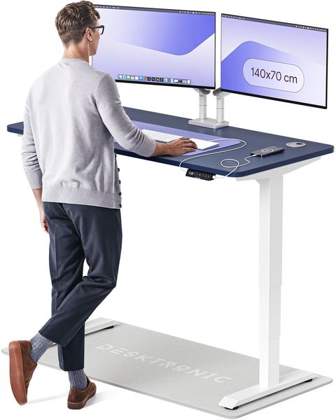 Desktronic HomePro Elektrisch höhenverstellbarer Schreibtisch 140x70cm Weiß/Blau mit Memory-Funktion, Anti-Kollisions Technologie, USB-A und USB-C-Ladeanschlüssen