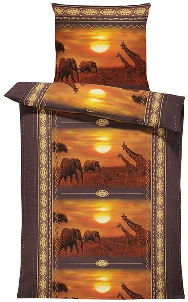 One Home Bettwäsche Afrika Savanne, Mikrofaser, 2 teilig, Safari, Elefanten und Giraffen