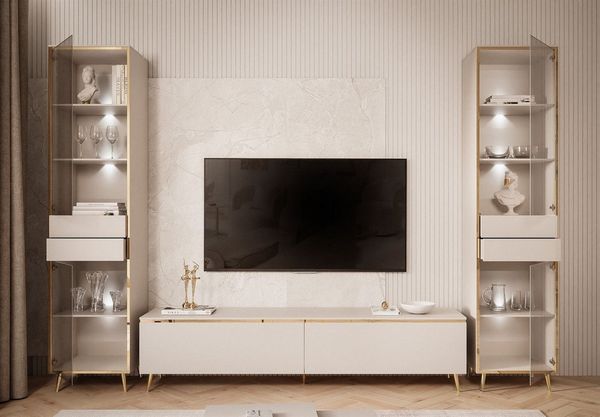 ALLHOUSE24 Wohnzimmer-Set PEONY KASCHMIR II GOLD Möbelset mit LED Glasvitrine TV Schrank, (1x TV Schrank, 2 x Vitrinen), LED Beleuchtung