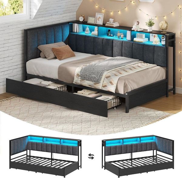 KIMENICH Polsterbett Jugendbett mit LED-Beleuchtung und Ladestation, Schlafsofa, Daybett (Ohne Matratze), Tagesbett mit 2 Schubladen und offenen Regalen, 90x190 cm