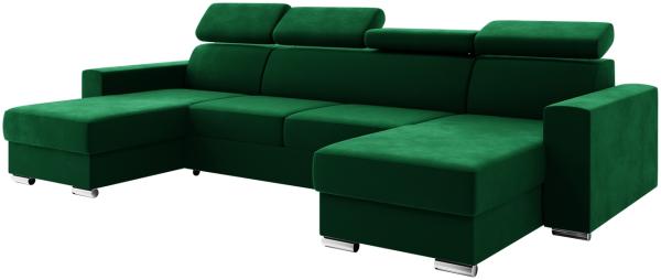 MEBLINI Schlafcouch mit Bettkasten - VOSS - 306x168x79cm - Grün Samt - Ecksofa mit Schlaffunktion - Sofa mit Relaxfunktion und Kopfstützen - Couch U-Form - Eckcouch - Wohnlandschaft