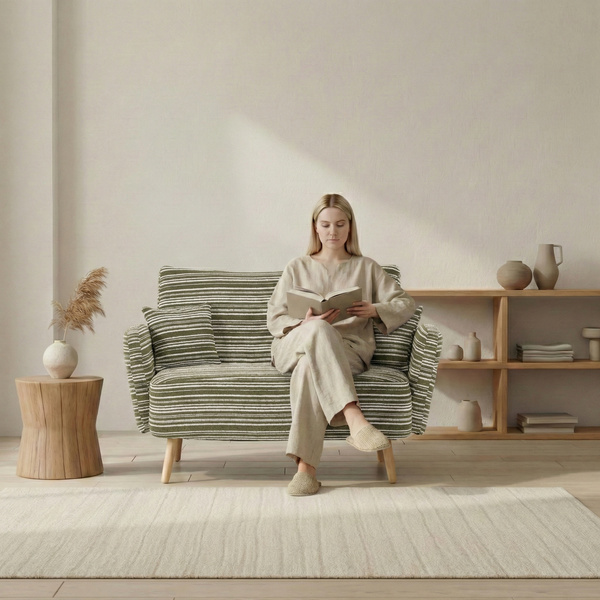 LVHOM 2-Sitzer Sofa mit Seitentaschen, Polstersofa aus Bouclé-Stoff, Loveseat 120cm mit Zierkissen, für kleinere Räume, Büro, Schlafzimmer, Grün