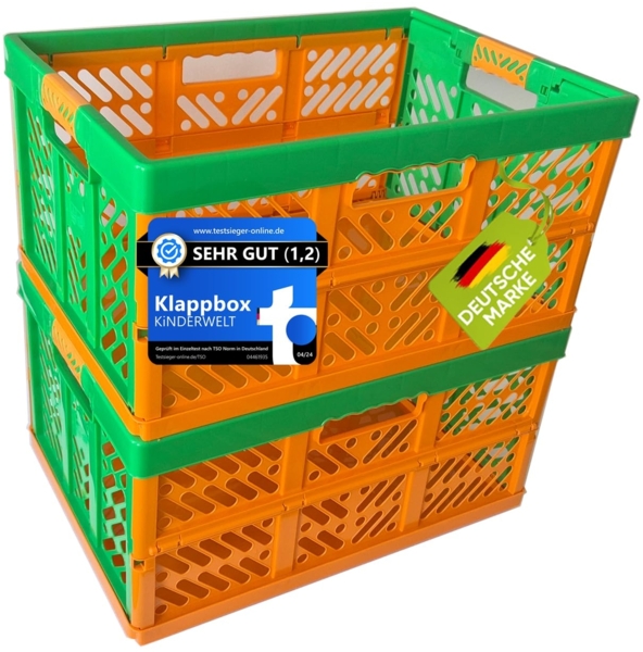 KiNDERWELT 2 x Robuste Profi - Klappbox 45 L bis 50 kg - Faltbox, Kiste, Korb zur Aufbewahrung, Transport - orange