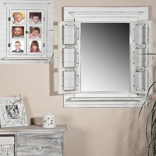 Feel2Home Wandspiegel Wandspiegel mit Scheiben Weiß braun Bilderrahmen Fensterladen Foto (Stück, 1 x Spiegel mit 2 Türen, Farbe Braun), Mit Fensterläden, Wandspiegel, Platz für 6 Fotos