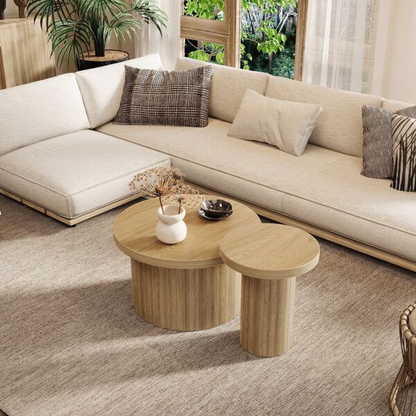 Couchtisch, doppelter runder Tisch,66×66×40 cm+40×40×46 cm, Holzfarbe,modernes Design