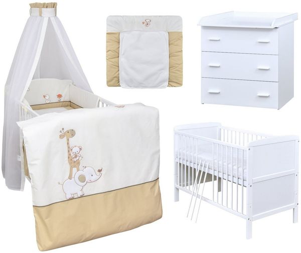 Baby-Delux Babyzimmer-Komplettset Babyzimmer 140x70 weiß Komplettset, (13-tlg), Babybett Wickelkommode Bettwäsche Set Komplettzimmer