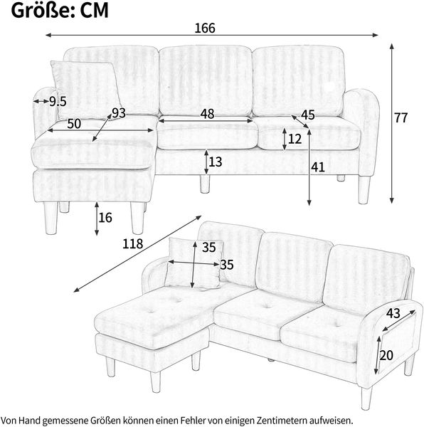 Ecksofa Sitzfläche 166x118x77 cm, modulare Chaiselongue, Cordstoff blau, komfortable Polsterung Bild 4