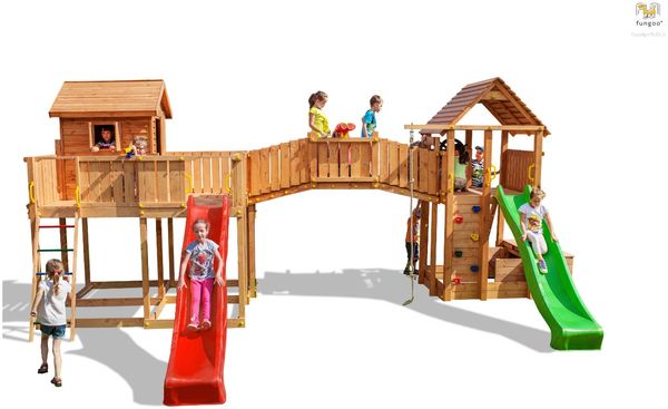 Fungoo Spielturm "Maxi Set Joyful Castle My Space XL Fortress Toybox Rainbow", teak,mit 2x Rutschen, 2x Spieltürmen, Verbindungsbrücke, Leiter, Kletterseil und Kletterwand