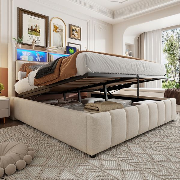 Polsterbett 180*200cm mit LED-Beleuchtung und USB-Steckdose, Kopfteil mit Einlegeböden und Stauraum, Mit Hydraulik für die Lagerung, Erwachsenenbett Doppelt, Leinenstoff Beige