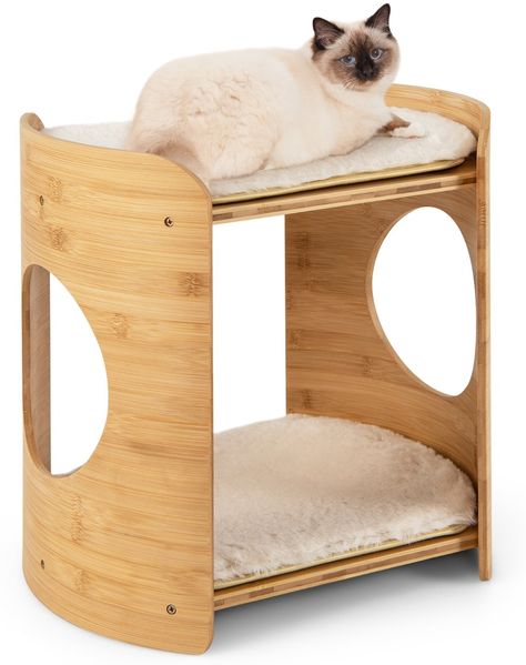 2 Etagen Bambus Katzenbett mit Abnehmbaren Plüschmatten & 2 Katzenlöchern Katzenschlafplatz