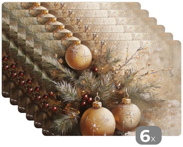 MuchoWow Platzset Weihnachten - Kugeln - Beige - Gold, (6-St), Platzsets, Tischset, Abwaschbar, Tischsets, Platzdeckchen