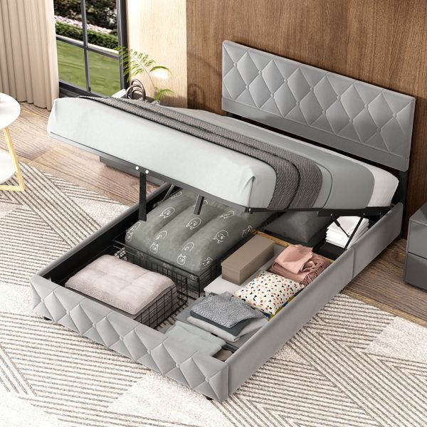 Polsterbett 140×200 cm mit stabiler Mitteltraverse und Samtbezug in Grau