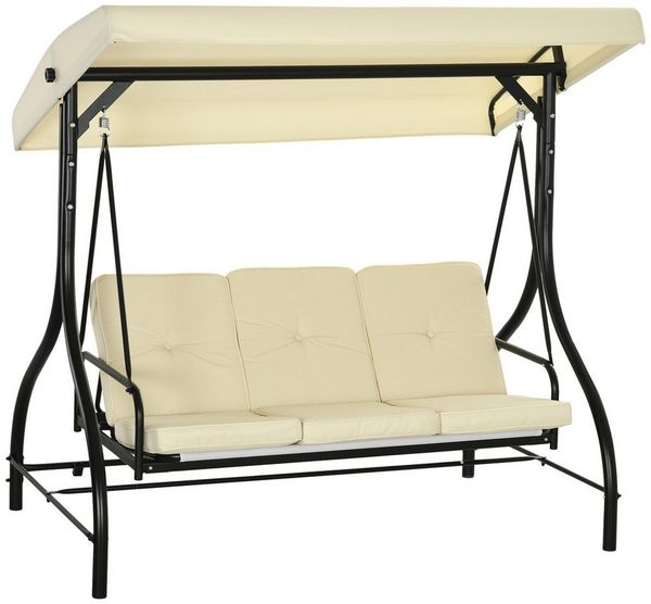 MC Star Hollywoodschaukel mit Liegefunktion 3-Sitzer Gartenschaukel mit verstellbarem Sonnendach, Schaukelbank belast bis 240kg, Gartenliege für Garten, Terrasse, 195x117x175 cm, Beige