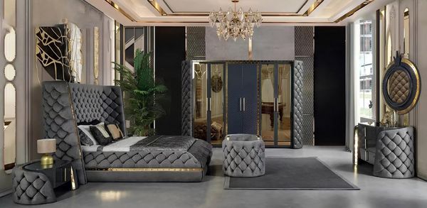 JVmoebel Komplettschlafzimmer Schlafzimmermöbel in modernem Design mit Holzoberfläche, (6-tlg, Bett/Schminktisch mit Spiegel/2x Nachttische/Kleiderschrank/Bank), Made in Europa