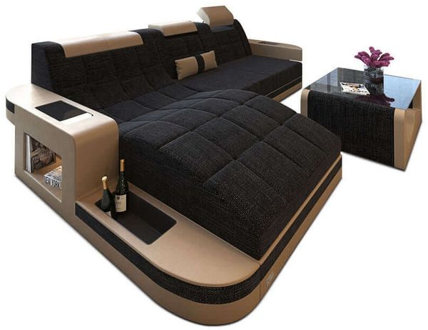 Couch Wave L Form in Stoff - Strukturstoff - dunkelgrau-sandbeige - Links