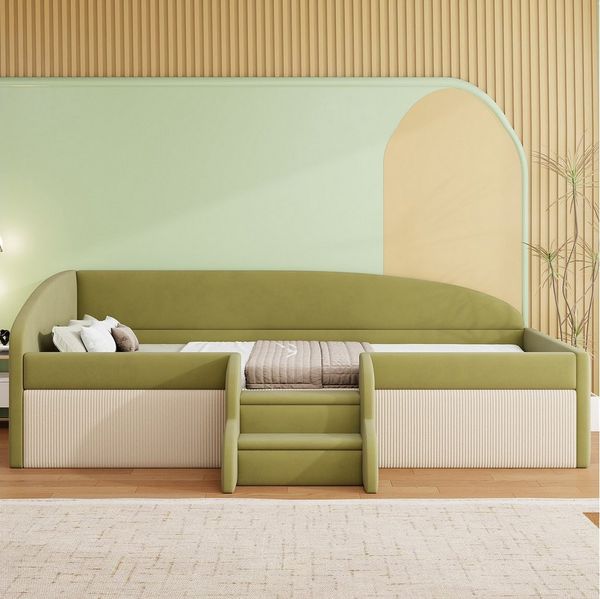 Flieks Polsterbett, Kinderbett Schlafsofa Einzelbett 90x190cm mit Treppe und Lattenrost