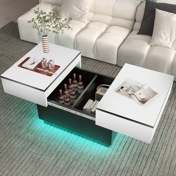 oyajia Couchtisch Wohnzimmertisch mit LED Beleuchtung & Fernsteuerung (Bluetooth-Fernbedienung,App-Steuerung, stabil, pflegeleicht), Teetisch mit ausziehbar Tisch & Stauraum