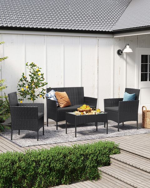 Songmics Gartenmöbel-Set mit Bank, Tisch & Stühle, Polyrattan, Schwarz / Grau